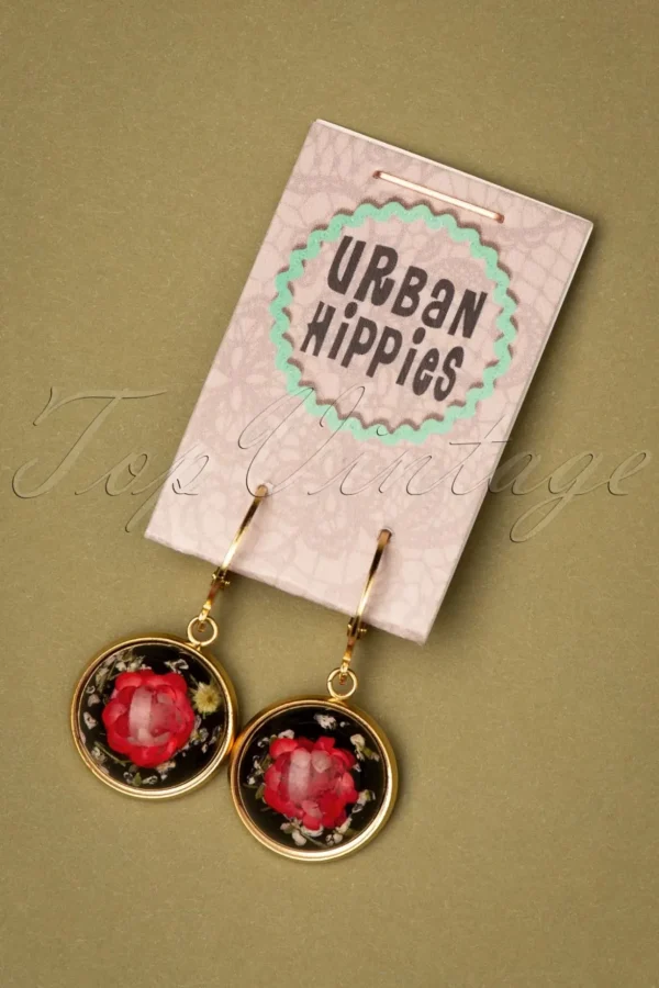 Vergulde Oorbellen Met Gedroogde Bloemen In Rood-Urban Hippies New
