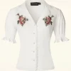 Vintage Geborduurde Bloemenblouse In Wit-Vixen Shop