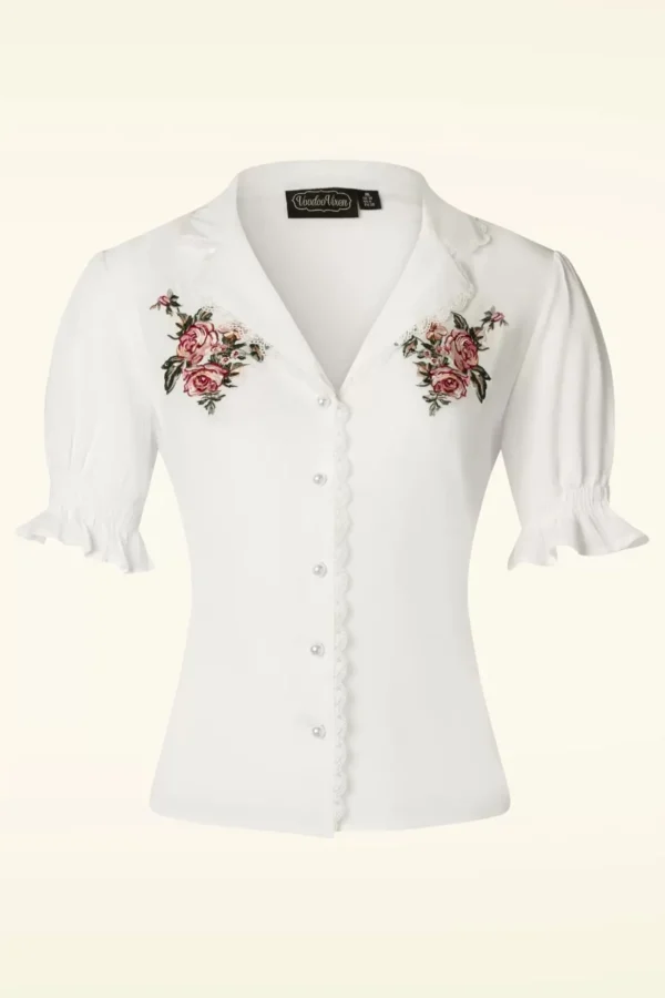 Vintage Geborduurde Bloemenblouse In Wit-Vixen Shop
