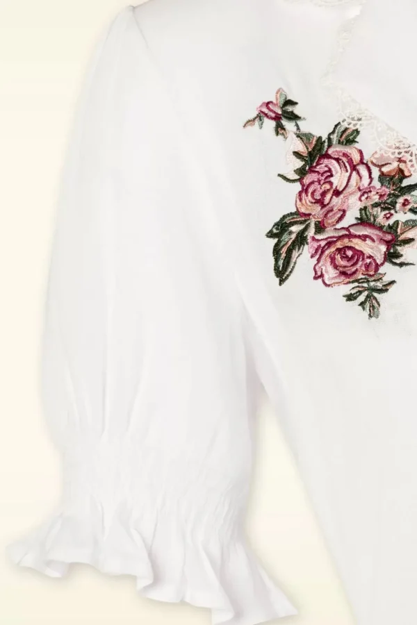 Vintage Geborduurde Bloemenblouse In Wit-Vixen Shop